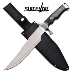 Black & Silver Fixed Blade, Wood-Like Handle, Sheath