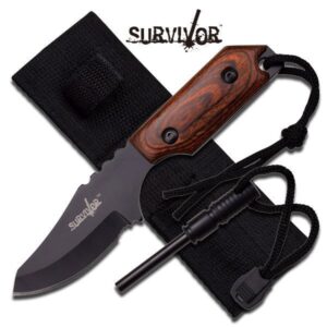 Fixed Blade Knife with Wood Handle, Fire Starter and Sheath