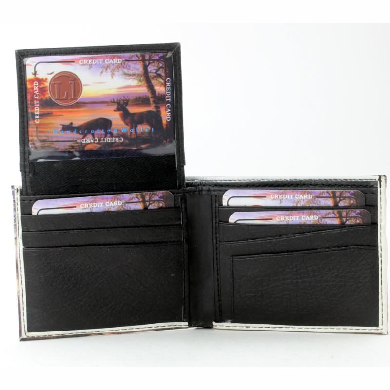 Deer By Lake Cabin Vegan Leather Wallet Open With Cards View LEVL566